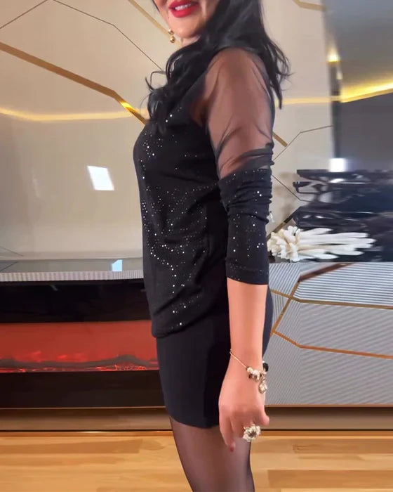 Isadora – Plain Sequin Mesh V-Neck Short Dress