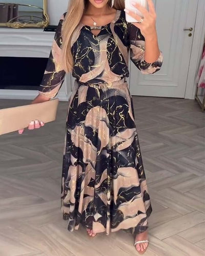 Aurora – Printed Chiffon Maxi Dress with Three-Quarter Sleeves