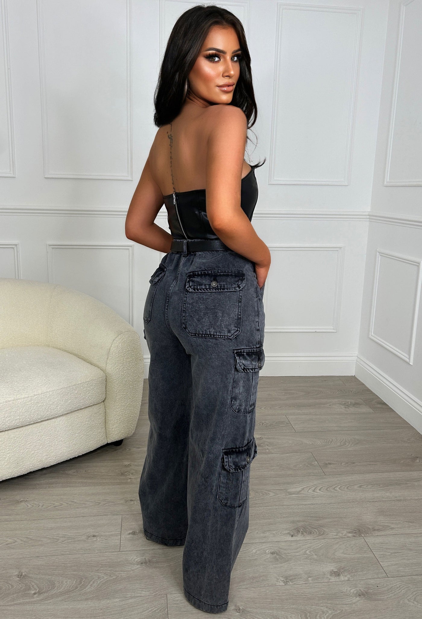 Denim Revolution Black Cargo Denim Wide Leg Jeans