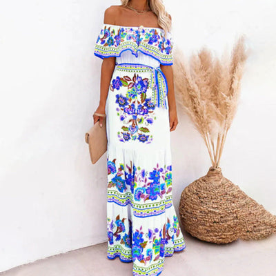 Oceana - Printed Lace-Up Waist Long Dress
