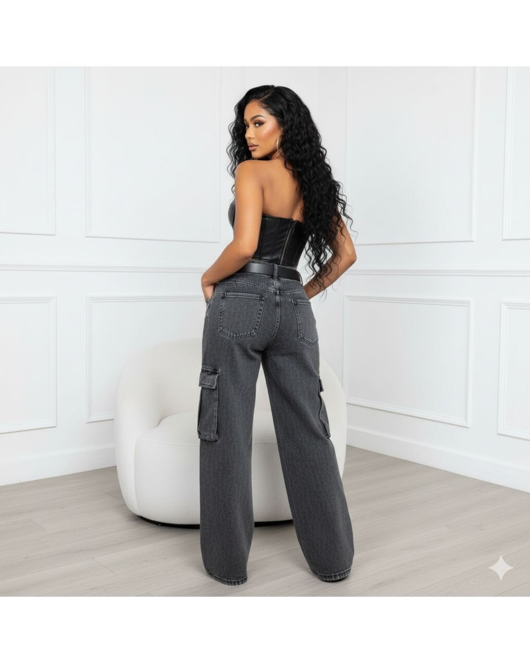 Denim Revolution Black Cargo Denim Wide Leg Jeans