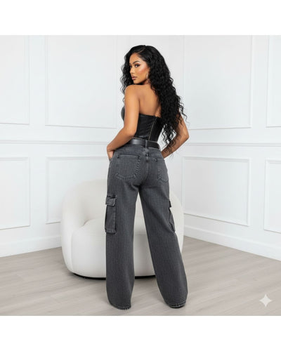 Denim Revolution Black Cargo Denim Wide Leg Jeans