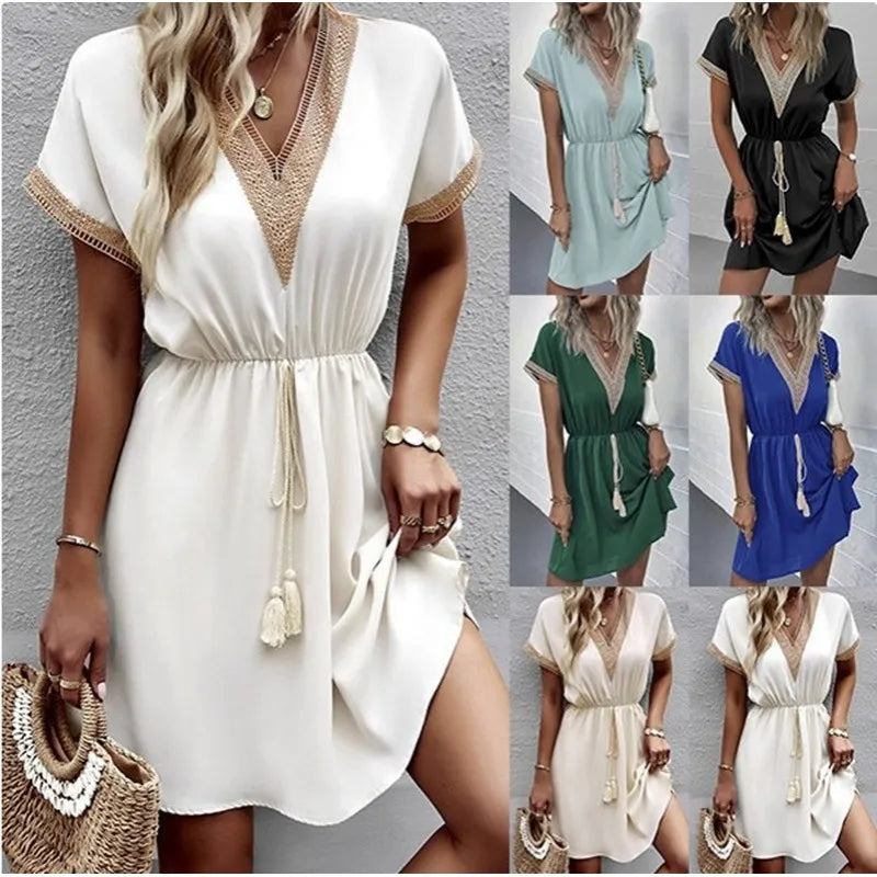 Josephine - Chic V-Neck Boho Dress with Flattering Waist Tie