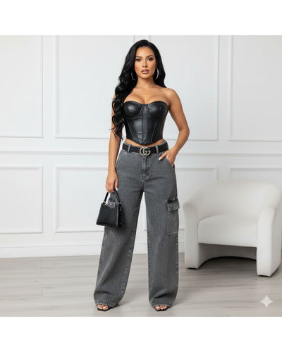 Denim Revolution Black Cargo Denim Wide Leg Jeans