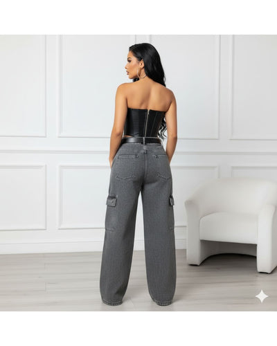 Denim Revolution Black Cargo Denim Wide Leg Jeans