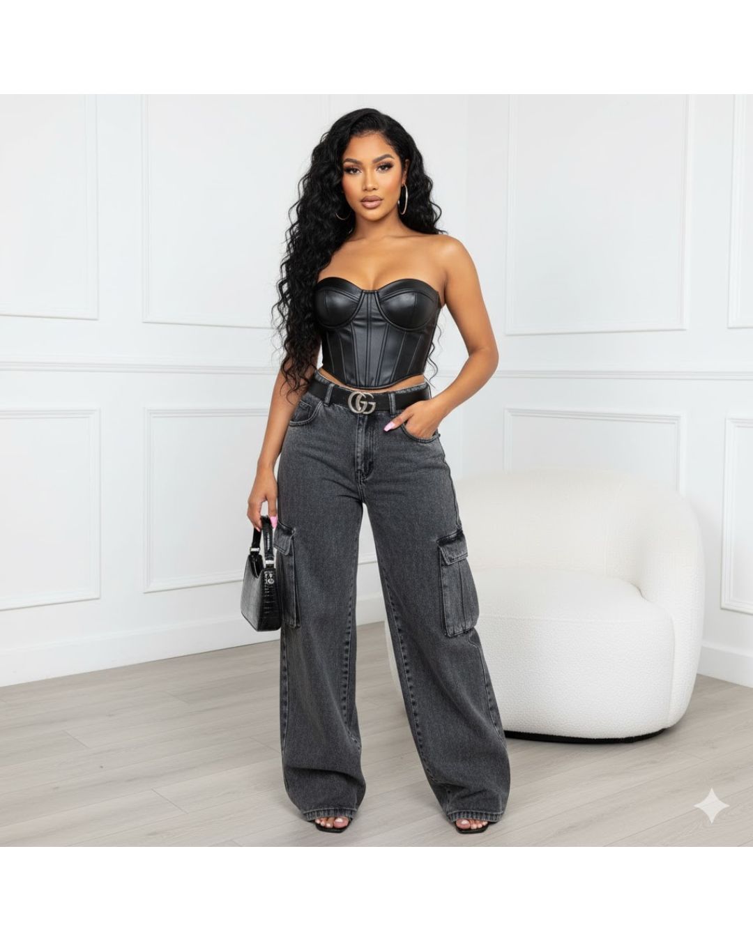 Denim Revolution Black Cargo Denim Wide Leg Jeans