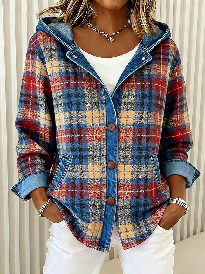 Briella – Contrast Check Hooded Denim Jacket